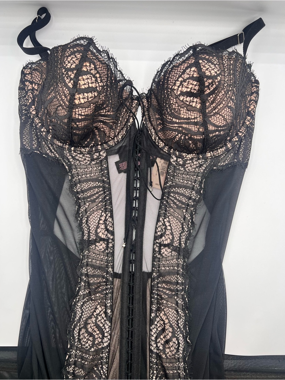 Sheer Black Lace Bustier Nightdress - Black